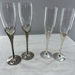 2 Sets (4 Glasses) Lenox Silverplate True Love Champagne Flute Stems Toasting